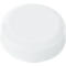 Round, white tablet, slightly shiny, with rounded edges.