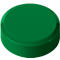 A green, round button with a slightly rounded top and a raised edge extending around the base.