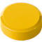 Yellow, round button, slightly raised top, shiny surface.