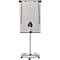 Whiteboard on wheels against a white background. Gray holder and stand, the board itself is white.