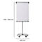 A flip chart with white paper standing on a silver stand. Size specifications are noted on the sides of the stand.