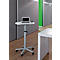 A white height-adjustable table with a laptop, set against a gray background. Wheels at the base.