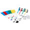 Various colored pens, magnetic tapes, shapes, sheets, and magnets are arranged.