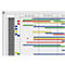 Timetable on white board with colorful bars. Months are indicated as JAN, FEB, etc. List of names on the left.