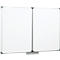 White, rectangular whiteboard with silver frames, divided into two halves, with a narrow border at the bottom.