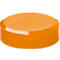 An orange, round product. A porous, round surface on top, a smooth, glossy base below.
