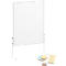 White whiteboard with a white frame on a white stand. Next to it are notepads, paper and colorful markers.