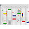 A colorful calendar with entries, markings and texts in various languages.