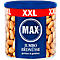 Une boîte de cacahuètes géantes avec un couvercle bleu, en dessous duquel se trouve l'inscription rouge "XXL". La boîte présente le logo "MAX", avec "Cacahuètes Jumbo, grillées & salées" en dessous.