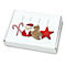 Witte doos met kerstversiering: zuurstok, kerstman, peperkoedpaard, ster.