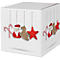 Kerstbox met zuurstokken, kerstman, peperkoeken paard, sterren. Decoratie hangt aan zilveren draden.