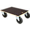 Black transport plate with four wheels. The plate is rectangular with a dark surface and lighter sides. The wheels are black with a metal frame.