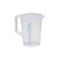Transparent measuring jug with handle and measuring scale, blue lettering.