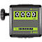 Gray measuring device with green display. 4 white digits at the top, below "Liter". Below "Total" and more digits.