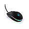 Schwarze Gaming-Maus mit RGB-Beleuchtung und Kabel vor weißem Hintergrund.