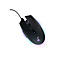 Schwarze Gaming-Maus mit RGB-Beleuchtung und Kabel vor weißem Hintergrund.