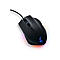 Schwarze Gaming-Maus mit blau beleuchtetem Logo und Kabel vor weißem Hintergrund.