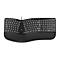 Schwarze, ergonomisch geschwungene Tastatur mit Handballenauflage vor weißem Hintergrund.