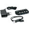 Black USB hub with power supply and cables. The hub has four USB ports, four switches, and white LEDs.
