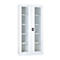 White filing cabinet with glass doors and shelves.