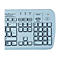 Helle, hellblaue Tastatur mit vielen Tasten. Auf der Tastatur steht MEDIGENIC. Verschiedene Funktionen sind beschriftet.