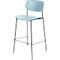 Light blue bar stool with black legs. Seat and backrest are slightly curved.