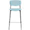 Light blue bar stool with black frame, front view.