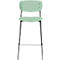 Light green bar stool with black frame. Seat and backrest are light green, legs are black.