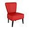 Rode fauteuil met zwart frame en vier knopen in de rugleuning.
