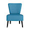 Blauwe fauteuil met vier donkere poten. Rugleuning met knopen.