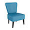 Blauwe fauteuil met rugleuning en grijze poten, drie knoppen.
