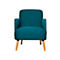 A teal armchair with light wooden legs, against a white background.