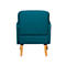 A teal armchair, viewed from the back. It has wooden legs and a padded back.