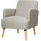 Light grey armchair with wooden legs. Upholstered, with armrests and backrest.