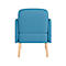 Blauwe fauteuil, achteraanzicht, lichtbruine houten poten. Rechthoekige vorm met afgeronde armleuningen.