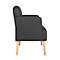 Profiel van een grijze fauteuil, lichte houten poten.