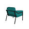 Teal fauteuil met zwart metalen frame, van achteren gezien.