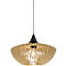 Pendant light with a light wood shade, black canopy and socket, with a lightbulb underneath.