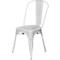 Chaise en métal blanc avec dossier étroit et accoudoirs incurvés. L'assise est simple.