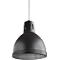 Zwarte hanglamp met ronde lampenkap, details: klinknagels aan de onderrand.