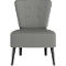 Fauteuil de cocktail gris, quatre pieds en bois foncé, haut dossier avec détails de boutons.
