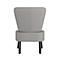 Fauteuil gris rembourré, vue arrière. Pieds en bois de couleur foncée, lignes épurées.