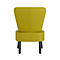 Chaise rembourrée jaune, vue arrière, sur fond blanc. Jambes foncées, dossier haut.