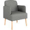 Fauteuil gris avec pieds en bois clair. Accoudoirs et dossier arrondis.
