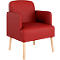 Fauteuil rouge avec pieds en bois; les accoudoirs sont arrondis.