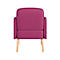 Vue arrière d'un fauteuil violet. Pieds en bois clair, dossier arrondi.