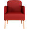 Fauteuil rouge avec pieds en bois sur fond blanc. Le fauteuil a un large dossier, des accoudoirs et quatre pieds en bois clair.