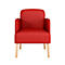Fauteuil rouge avec pieds en bois sur fond blanc.