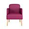 Un fauteuil bordeaux avec accoudoirs et pieds en bois clair, sur fond blanc.