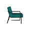Fauteuil turquoise avec cadre en métal noir. Vue de côté.